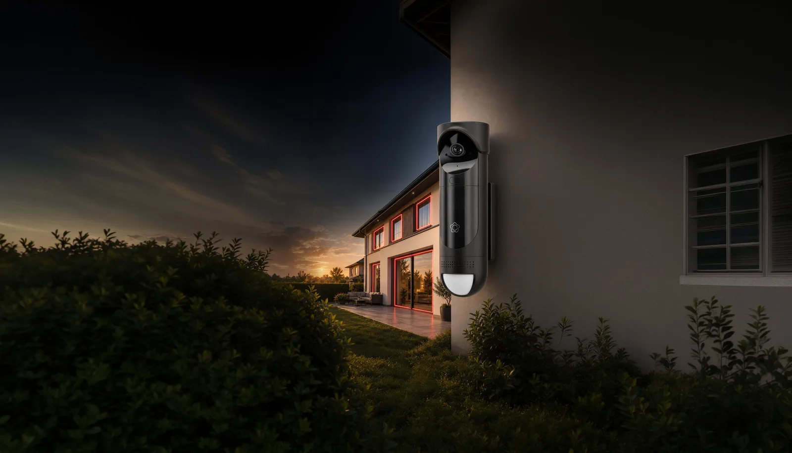 Wide security camera exploration at sunset with red perimeter lighting