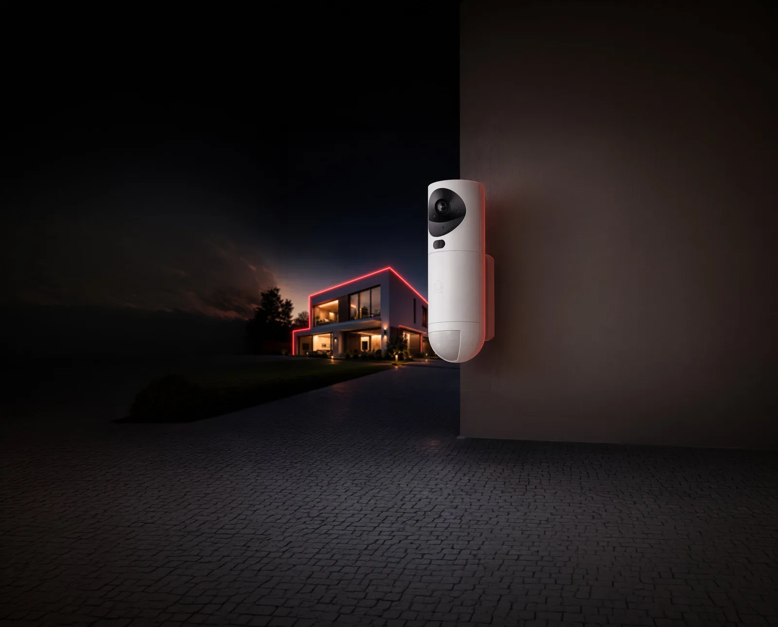 Static dark security camera concept with protected house in background