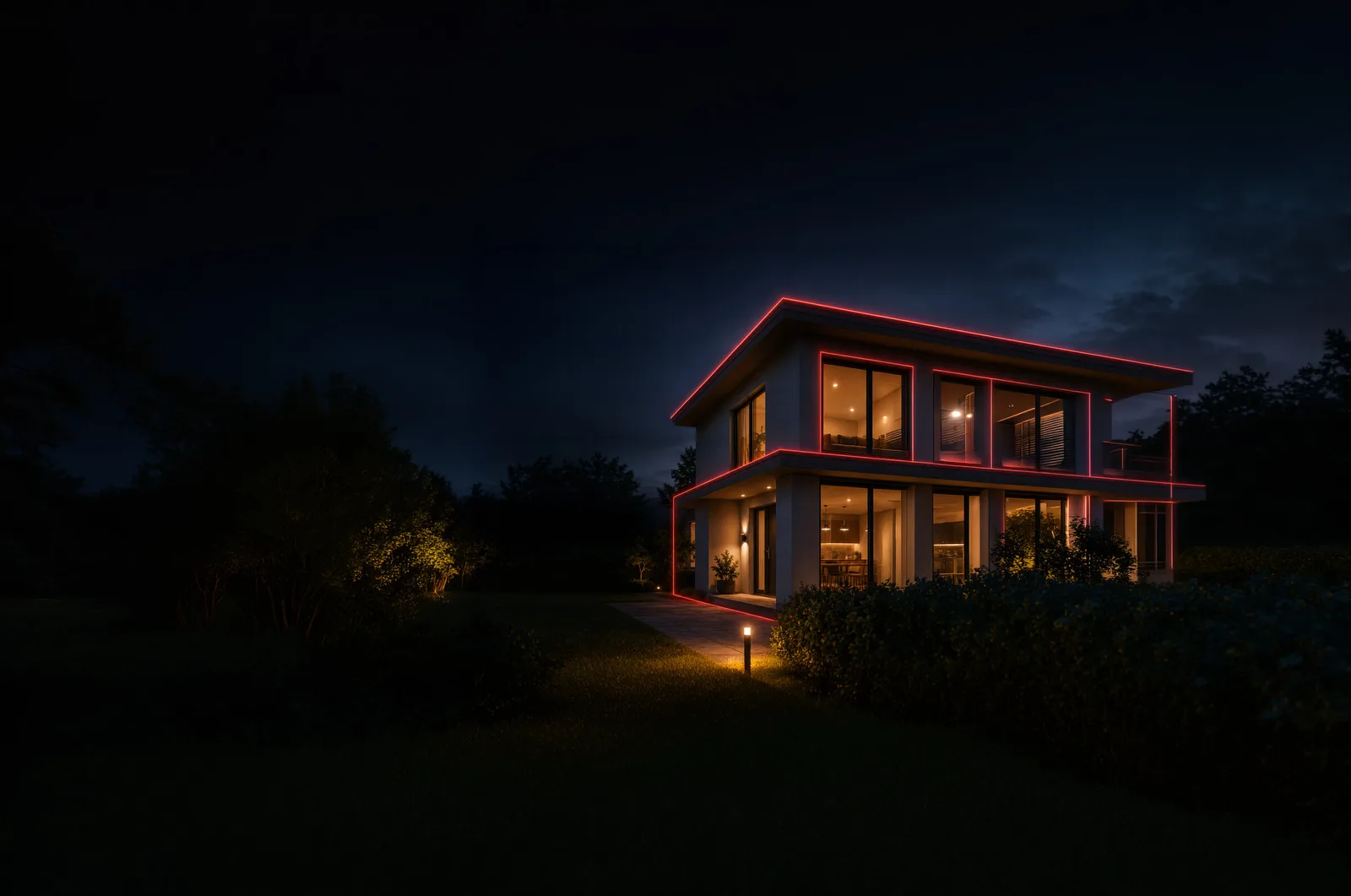 Night residential house visual with a red protected perimeter