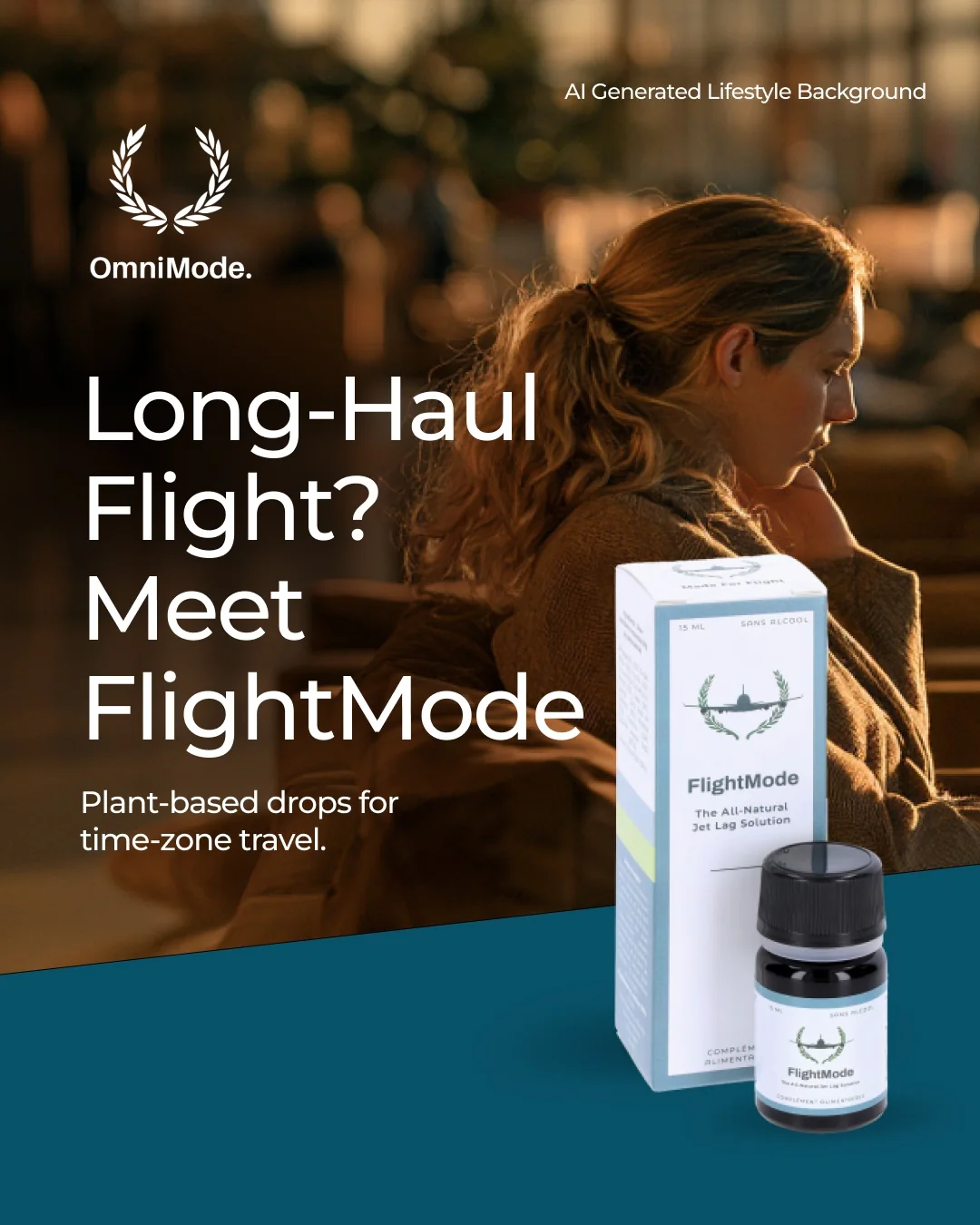 FlightMode campaign creative showing a long-haul travel context with authentic product imagery