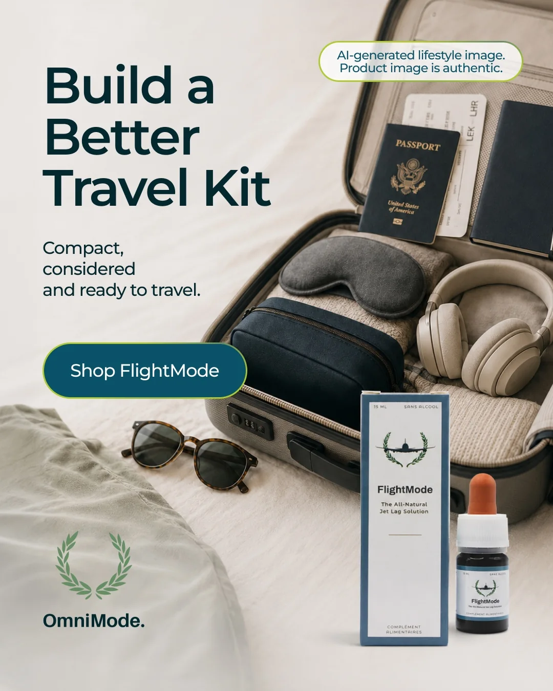 FlightMode campaign creative focused on a travel kit