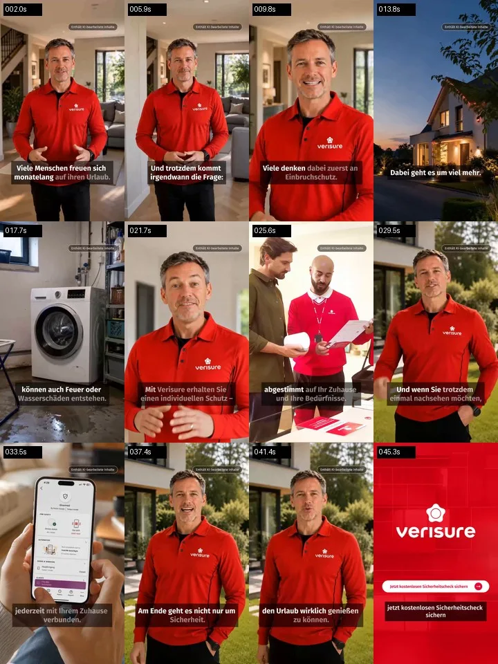 AI Avatar Story frame sheet showing a consistent Verisure presenter across multiple scenes
