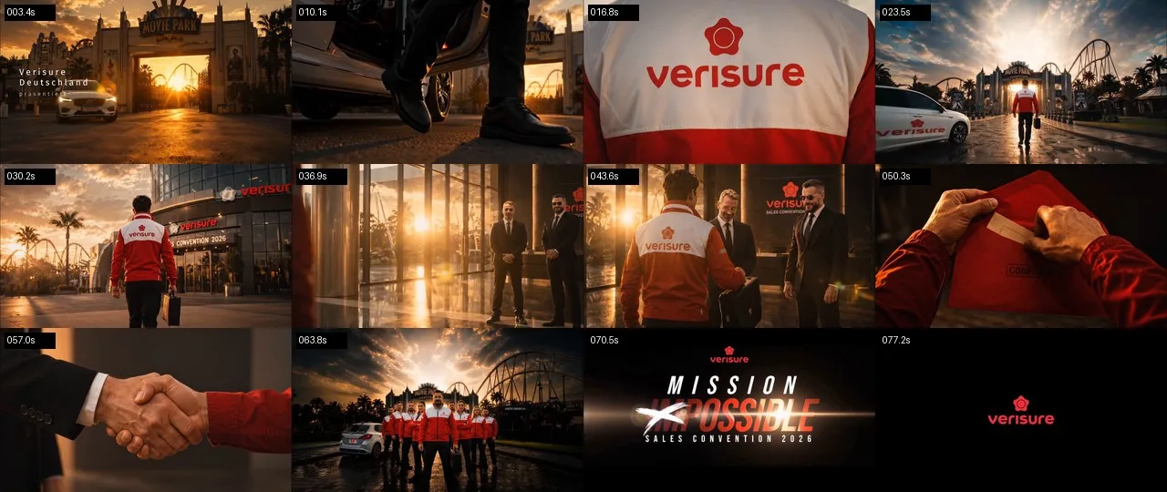 Sales Convention teaser frame sheet showing a branded event arrival and team world